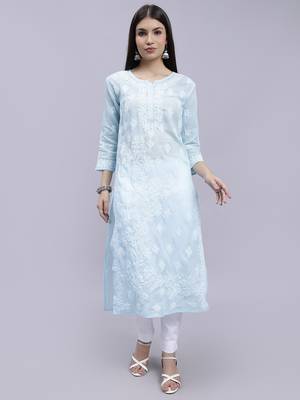hand embroidered light blue terivoil cotton lucknowi chikan kurta 1