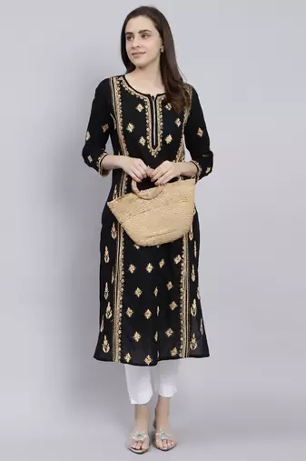 hand embroidered black cotton lucknowi chikan kurta
