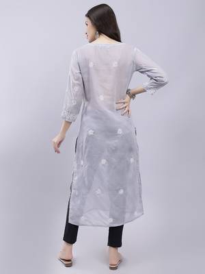 hand embroidered grey terivoil cotton lucknowi chikan kurta 5