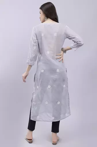 hand embroidered grey terivoil cotton lucknowi chikan kurta