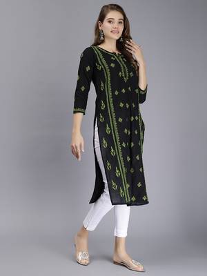 hand embroidered black cotton lucknowi chikan kurta 2