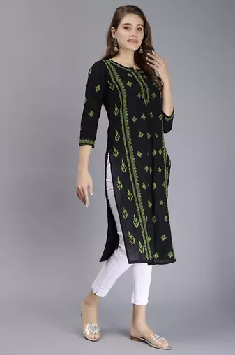 hand embroidered black cotton lucknowi chikan kurta