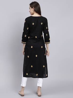 hand embroidered black cotton lucknowi chikan kurta 3