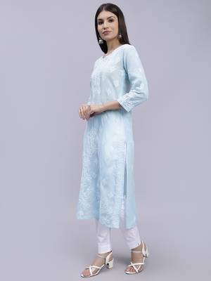 hand embroidered light blue terivoil cotton lucknowi chikan kurta 2