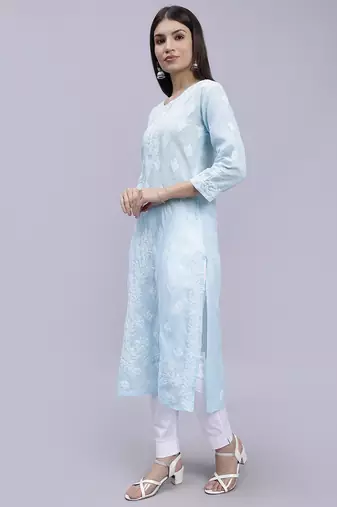hand embroidered light blue terivoil cotton lucknowi chikan kurta