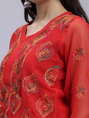 hand embroidered red georgette lucknowi chikan kurta with slip 3