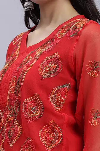 hand embroidered red georgette lucknowi chikan kurta with slip
