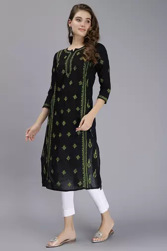 hand embroidered black cotton lucknowi chikan kurta