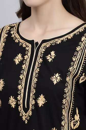 hand embroidered black cotton lucknowi chikan kurta