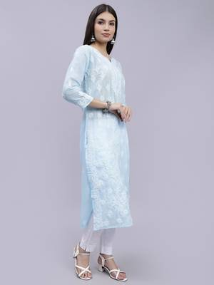 hand embroidered light blue terivoil cotton lucknowi chikan kurta 3