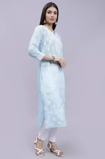 hand embroidered light blue terivoil cotton lucknowi chikan kurta