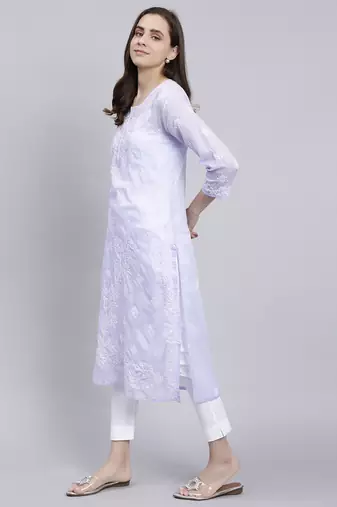 hand embroidered mauve terivoil cotton lucknowi chikan kurta