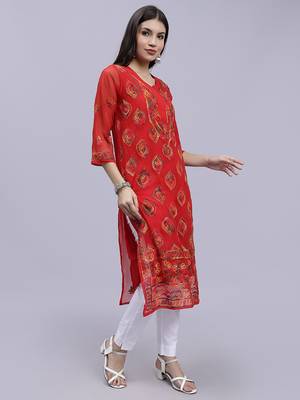 hand embroidered red georgette lucknowi chikan kurta with slip 4