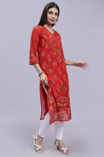 hand embroidered red georgette lucknowi chikan kurta with slip