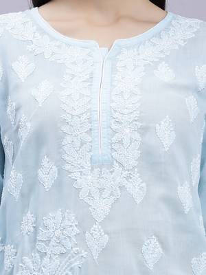 hand embroidered light blue terivoil cotton lucknowi chikan kurta 4