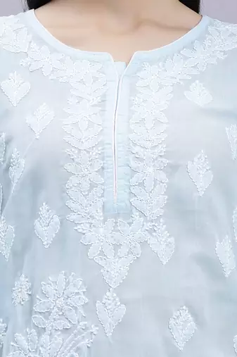 hand embroidered light blue terivoil cotton lucknowi chikan kurta