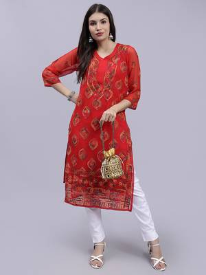 hand embroidered red georgette lucknowi chikan kurta with slip 5