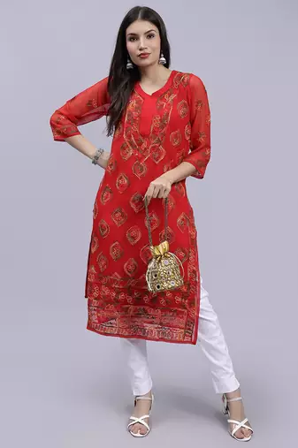hand embroidered red georgette lucknowi chikan kurta with slip