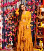Smart and classy yellow colour crop top dress with sharara and shrug for party looks