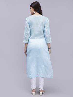 hand embroidered light blue terivoil cotton lucknowi chikan kurta 5