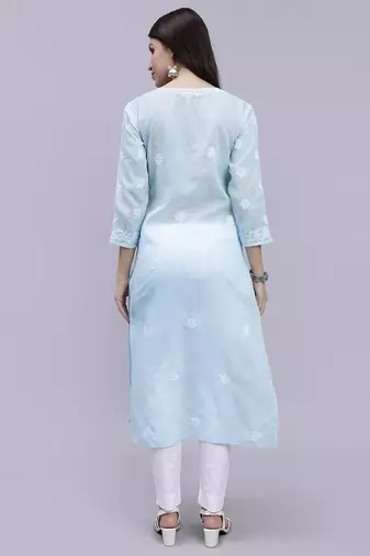 hand embroidered light blue terivoil cotton lucknowi chikan kurta