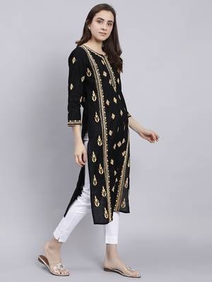 hand embroidered black cotton lucknowi chikan kurta 5