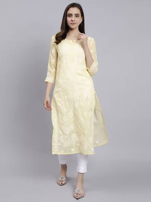 hand embroidered yellow terivoil cotton lucknowi chikan kurta 1