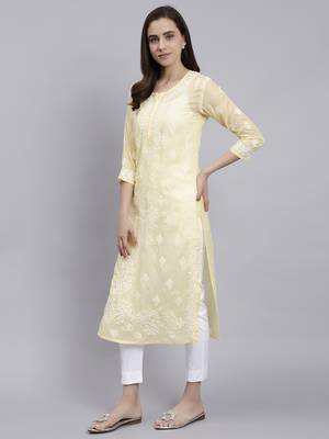 hand embroidered yellow terivoil cotton lucknowi chikan kurta 2