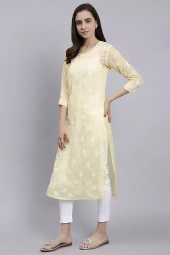 hand embroidered yellow terivoil cotton lucknowi chikan kurta