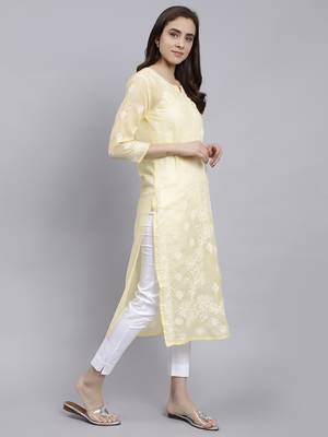 hand embroidered yellow terivoil cotton lucknowi chikan kurta 3