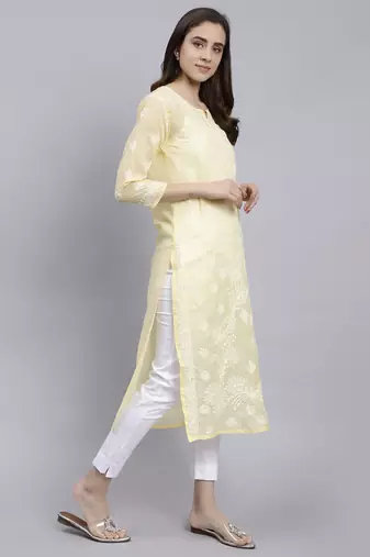 hand embroidered yellow terivoil cotton lucknowi chikan kurta
