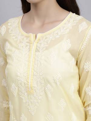 hand embroidered yellow terivoil cotton lucknowi chikan kurta 4