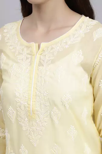 hand embroidered yellow terivoil cotton lucknowi chikan kurta