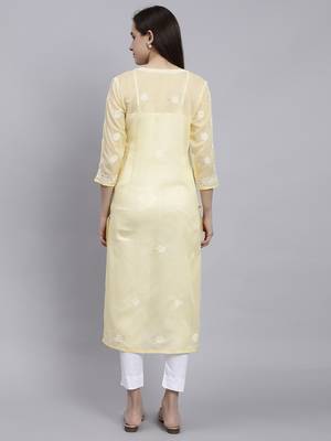 hand embroidered yellow terivoil cotton lucknowi chikan kurta 5