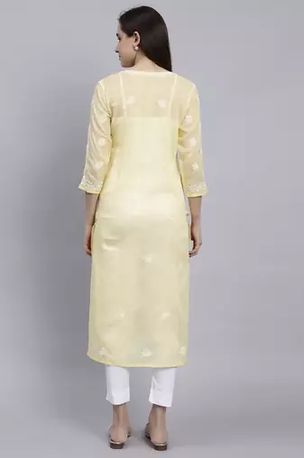 hand embroidered yellow terivoil cotton lucknowi chikan kurta