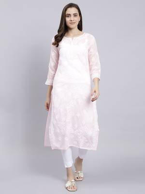 hand embroidered pink terivoil cotton lucknowi chikan kurta 1