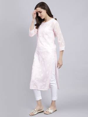 hand embroidered pink terivoil cotton lucknowi chikan kurta 2