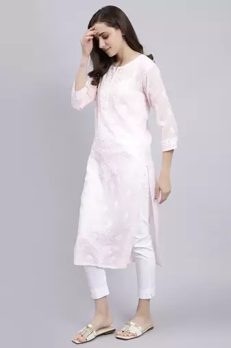 hand embroidered pink terivoil cotton lucknowi chikan kurta