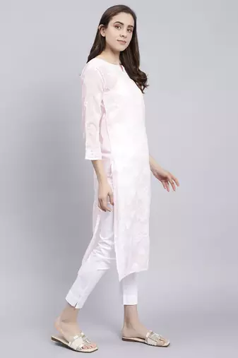 hand embroidered pink terivoil cotton lucknowi chikan kurta