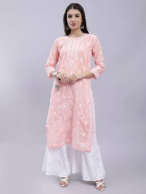 hand embroidered peach terivoil cotton lucknowi chikan kurta 1