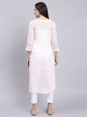 hand embroidered pink terivoil cotton lucknowi chikan kurta 4