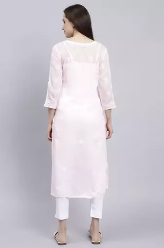 hand embroidered pink terivoil cotton lucknowi chikan kurta