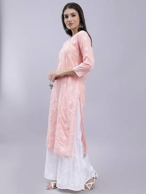 hand embroidered peach terivoil cotton lucknowi chikan kurta 2