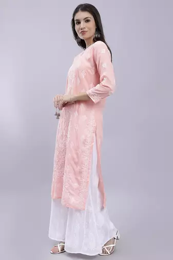 hand embroidered peach terivoil cotton lucknowi chikan kurta