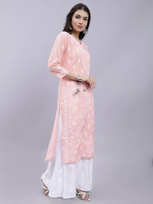 hand embroidered peach terivoil cotton lucknowi chikan kurta 3