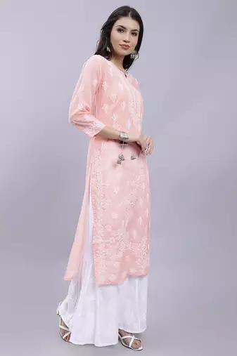 hand embroidered peach terivoil cotton lucknowi chikan kurta