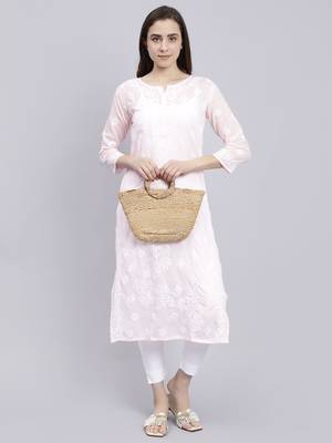 hand embroidered pink terivoil cotton lucknowi chikan kurta 5