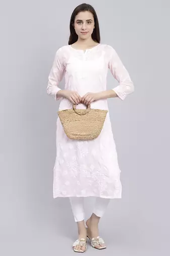 hand embroidered pink terivoil cotton lucknowi chikan kurta