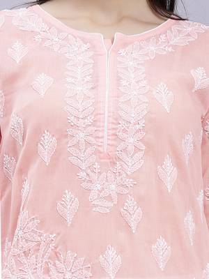 hand embroidered peach terivoil cotton lucknowi chikan kurta 4