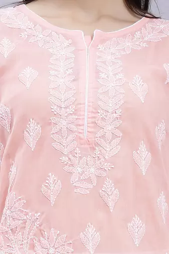 hand embroidered peach terivoil cotton lucknowi chikan kurta